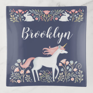 Personalized Cute Navy Unicorn Trinket Tray