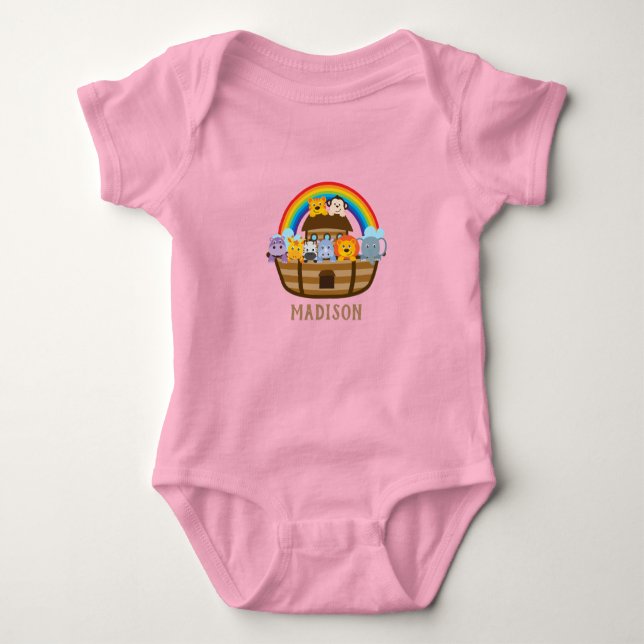 Personalized Cute Noah's Ark Baby Girl Bodysuit (Front)