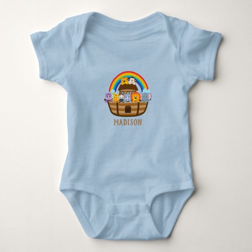 Personalized Cute Noahs Ark Blue Baby Bodysuit