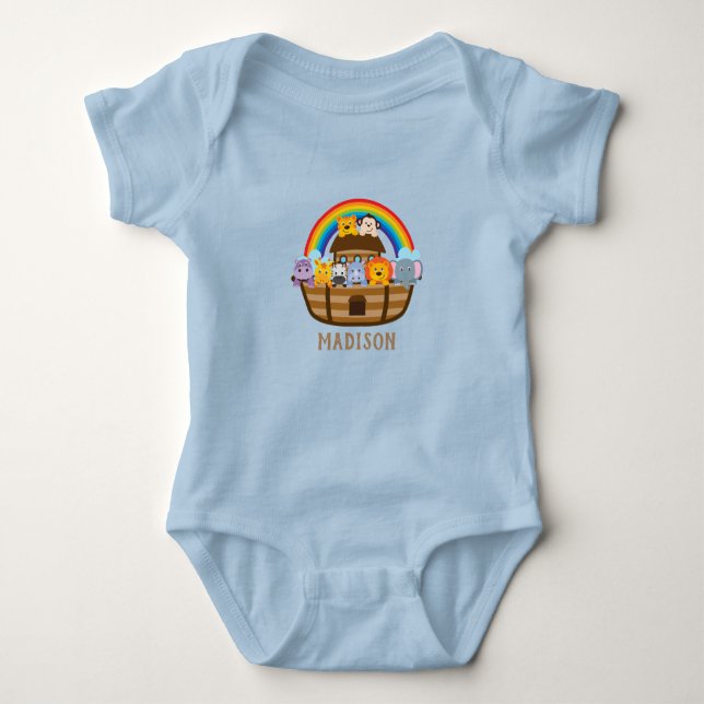 Personalized Cute Noah's Ark Blue Baby Bodysuit (Front)