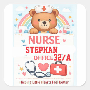 Personalized Cute Nurse Bear Sign, Sch Square Sticker