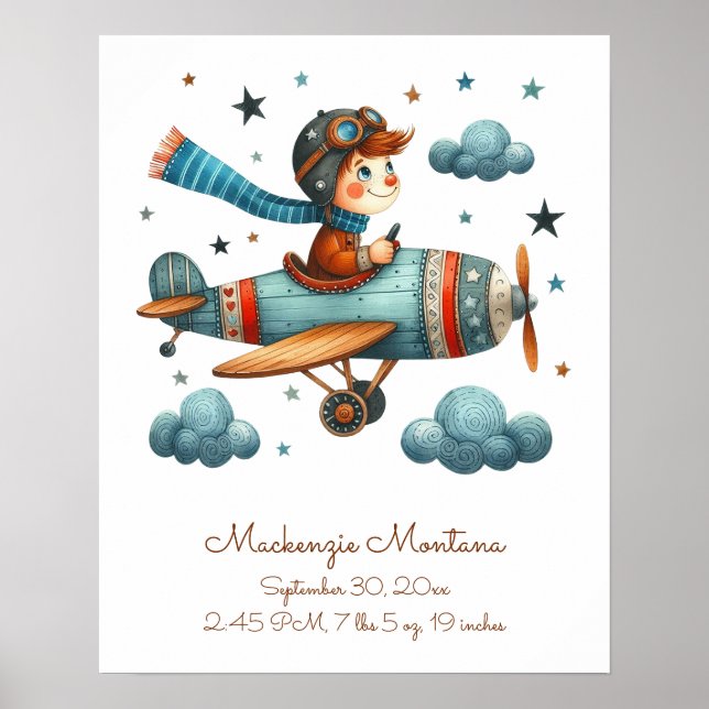 Personalized Cute Nursery Art Child Flying Plane Poster (Front)