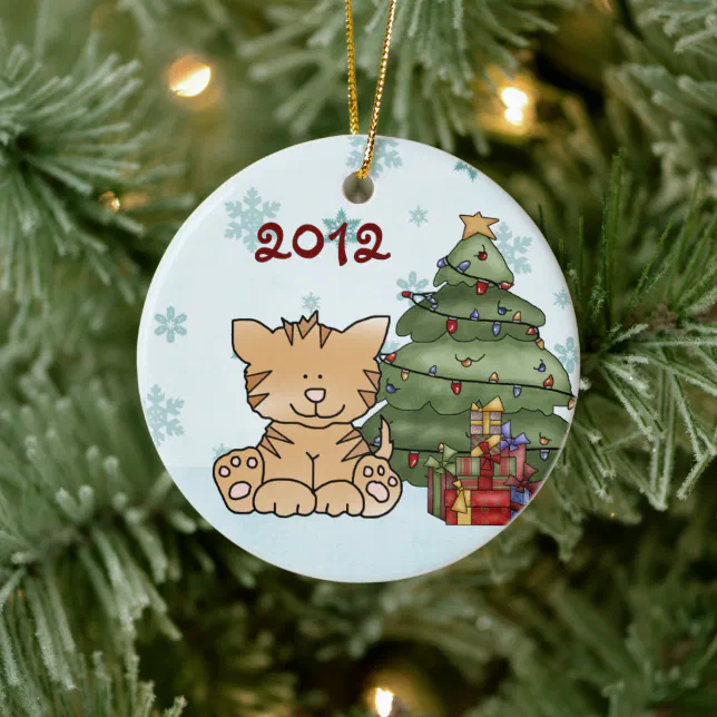 Personalized Cute Orange Cat and Christmas Tree Ceramic Ornament | Zazzle