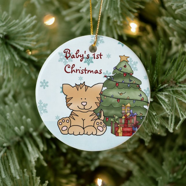 Personalized Cute Orange Cat Baby's 1st Christmas Ceramic Ornament (Tree)