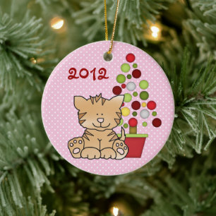Personalized Cute Orange Cat, Holiday Tree on Pink Ceramic Ornament