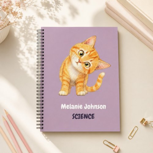 Personalized Cute Orange Cat Mauve School Subject Notebook