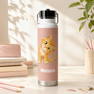 Personalized Cute Orange Cat Pink Kids Water Bottle
