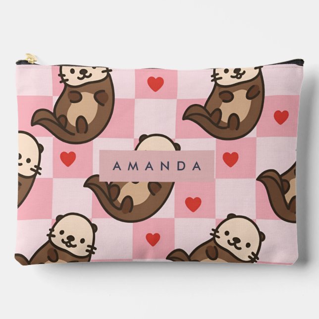 Personalized Cute Otter Love with Heart Pattern Accessory Pouch (Front)