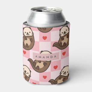 Personalized Cute Otter Love with Heart Pattern Can Cooler