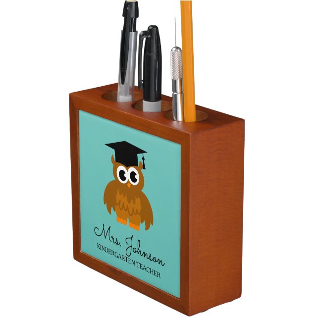 Personalized cute owl kindergarten school teacher pencil holder (In Situ)