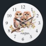 Personalized Cute Owl Large Clock<br><div class="desc">Cute design features illustration of owls on tree branch. Personalize with your own text or message,  make perfect gift for animal lovers.</div>
