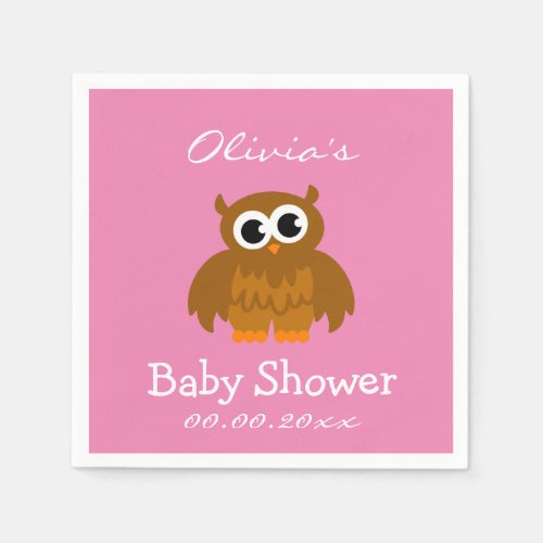 Personalized cute owl pink baby shower napkins