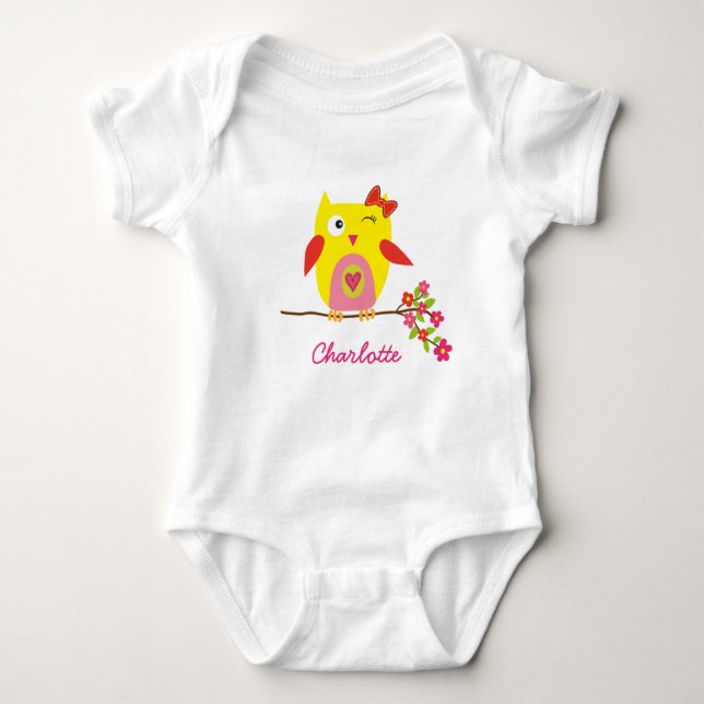 Personalized Cute Owl wit Pink Flowers Baby Bodysuit (Front)