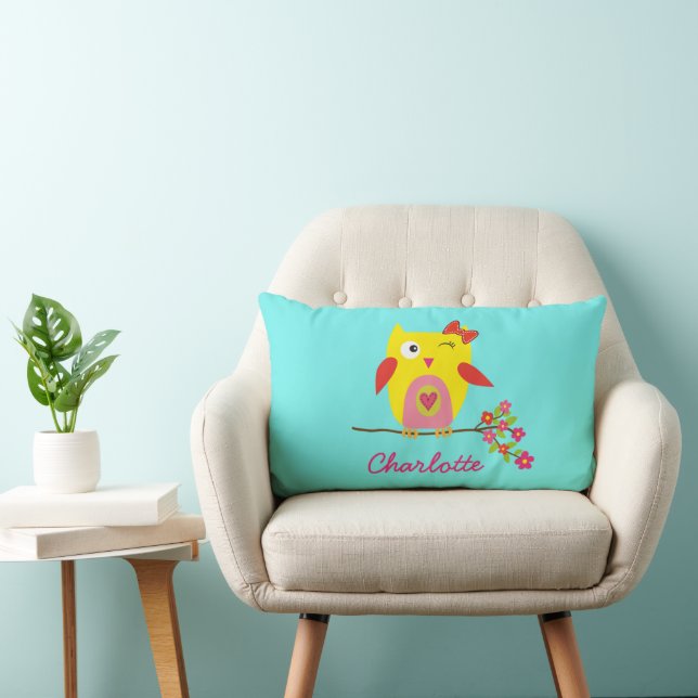 Personalized Cute Owl Yellow Pink Flowers Lumbar Pillow (Chair)