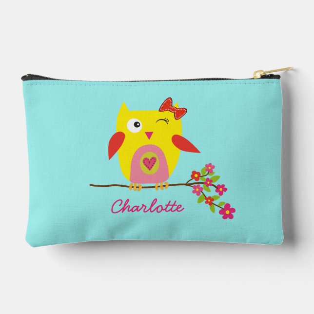 Personalized Cute Owl Yellow Pink Illustration Accessory Pouch (Back)
