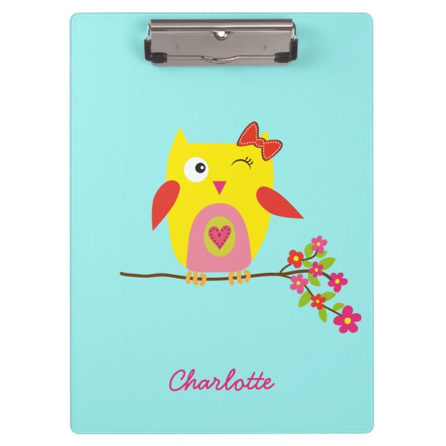 Personalized Cute Owl Yellow Pink Illustration Clipboard (Front)