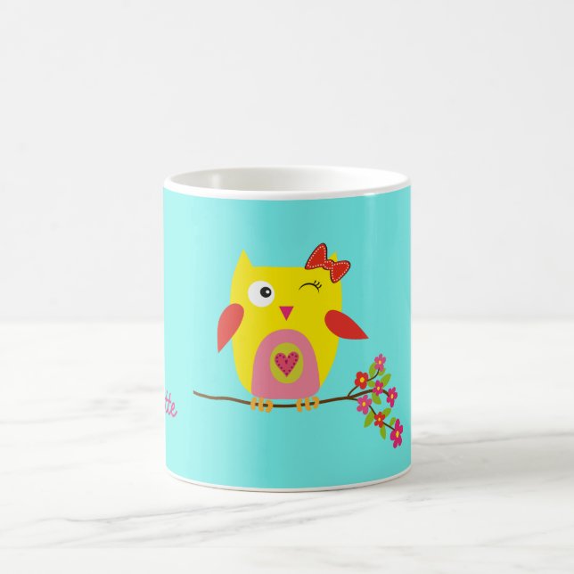 Personalized Cute Owl Yellow Pink Illustration Coffee Mug (Center)