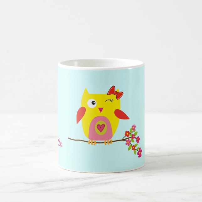 Personalized Cute Owl Yellow Pink Illustration Coffee Mug (Center)