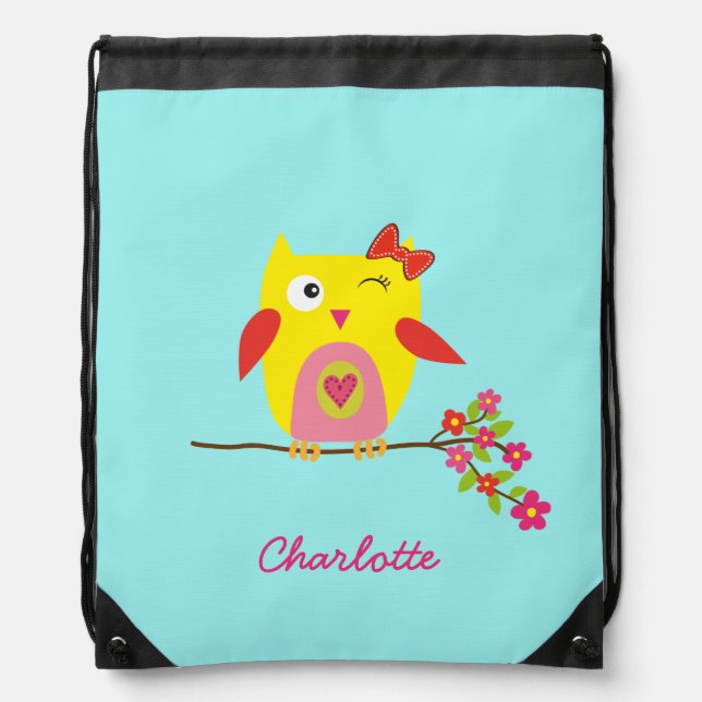Personalized Cute Owl Yellow Pink Illustration Drawstring Bag (Front)