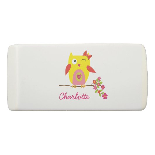 Personalized Cute Owl Yellow Pink Illustration Eraser (Front)