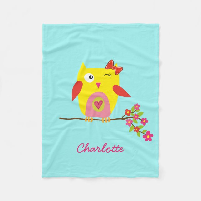 Personalized Cute Owl Yellow Pink Illustration Fleece Blanket (Front)