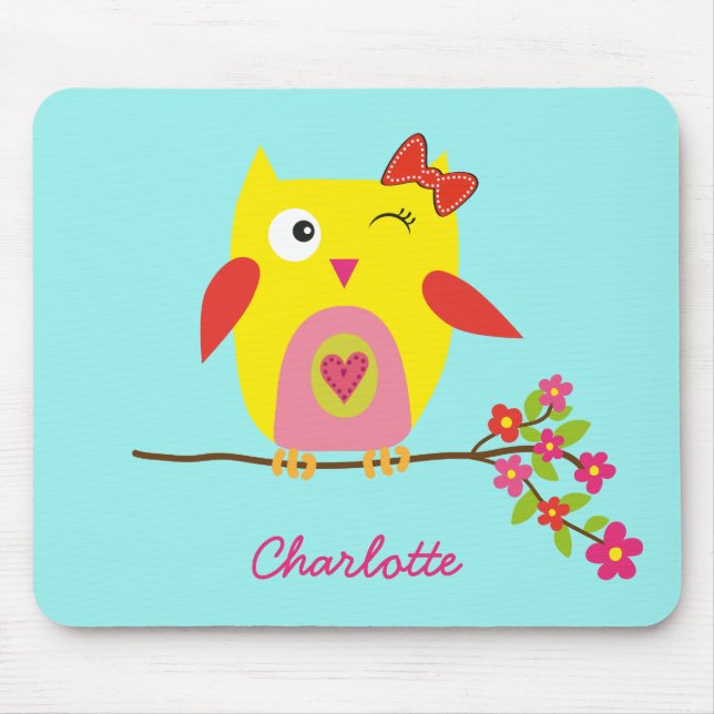 Personalized Cute Owl Yellow Pink Illustration Mouse Pad (Front)