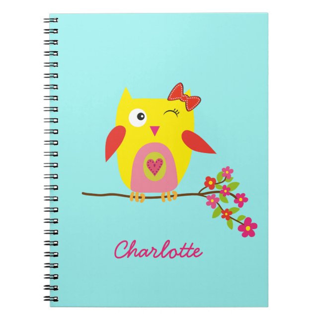 Personalized Cute Owl Yellow Pink Illustration Notebook (Front)