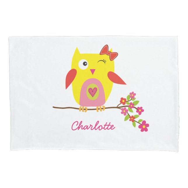 Personalized Cute Owl Yellow Pink Illustration Pillow Case (Front)