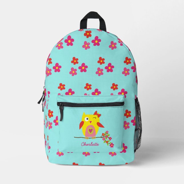 Personalized Cute Owl Yellow Pink Illustration Printed Backpack (Front)