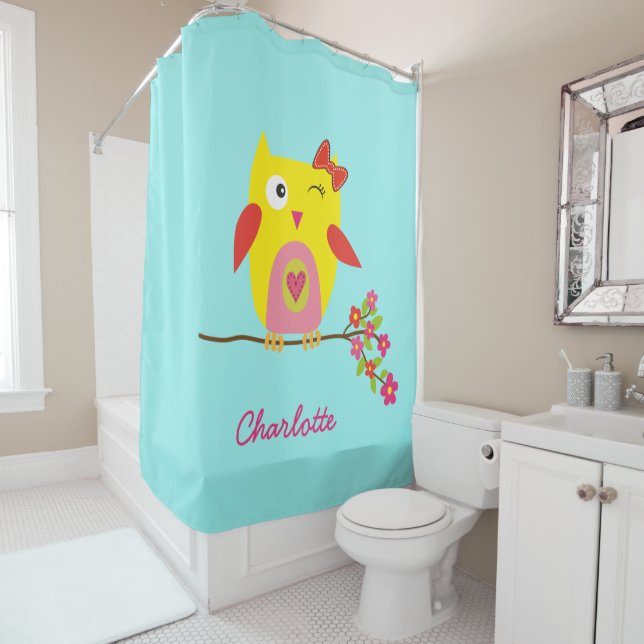 Personalized Cute Owl Yellow Pink Illustration Shower Curtain (In Situ)