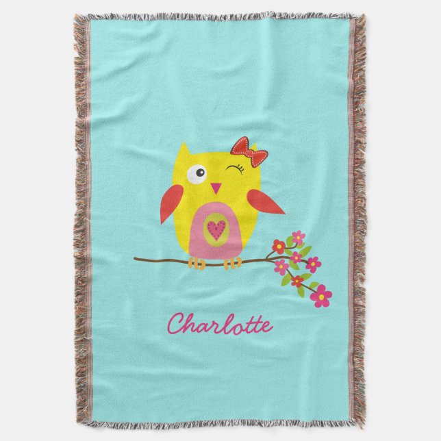 Personalized Cute Owl Yellow Pink Illustration Throw Blanket (Front Vertical)