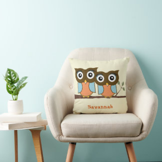 Personalized Cute Owls Blue Orange Trendy Patterns Throw Pillow