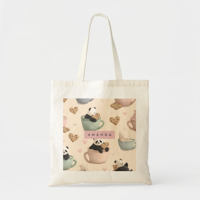 Personalized Cute Panda and Bear Pattern Tote Bag (Front)