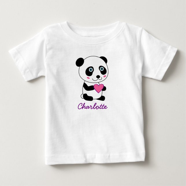 Personalized Cute Panda with a Pink Heart Baby T-Shirt (Front)