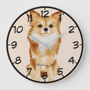Personalized Cute Papillon Dog Watercolor Large Clock
