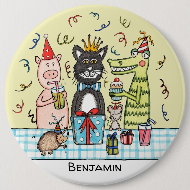 Personalized Cute Party Animals Button Badge (Front)