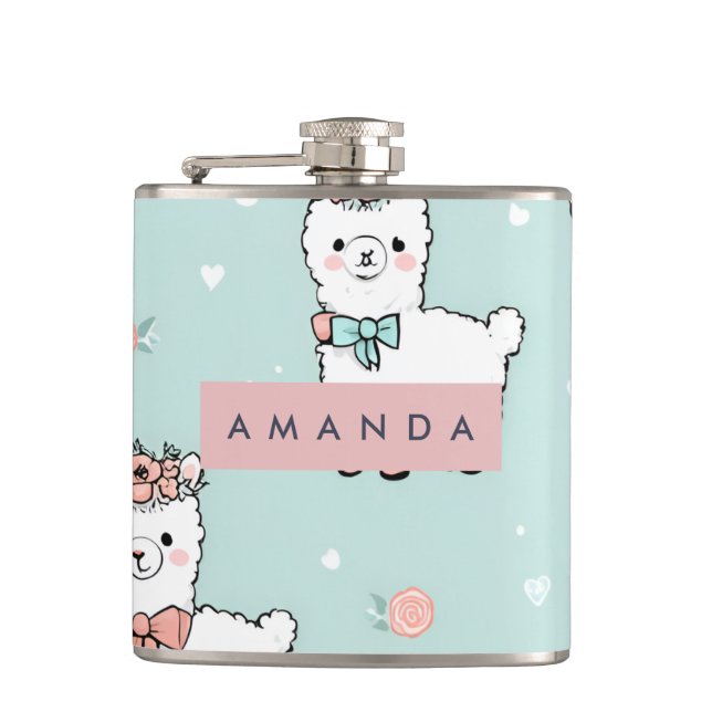 Personalized Cute Pastel Alpaca Pattern Flask (Front)