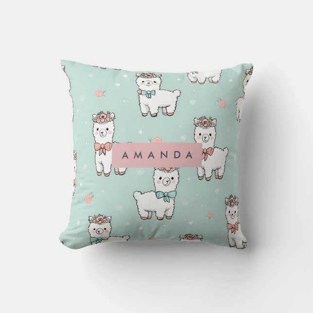 Personalized Cute Pastel Alpaca Pattern Throw Pillow (Front)
