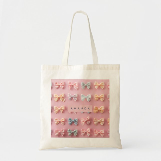 Personalized Cute Pastel Bow Charm Tote Bag (Front)