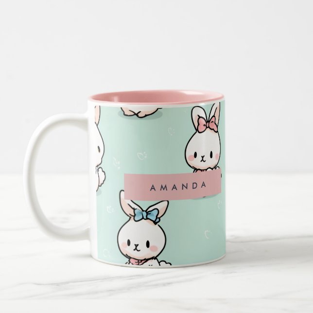 Personalized Cute Pastel Bunny Pattern Two-Tone Coffee Mug (Left)