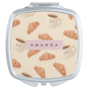 Personalized Cute Pastel Croissant Coffee Compact Mirror