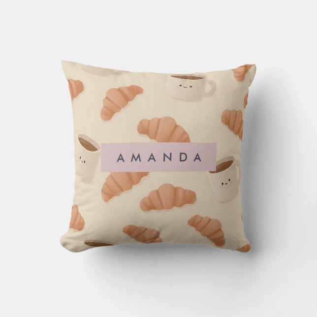Personalized Cute Pastel Croissant Coffee Throw Pillow (Front)