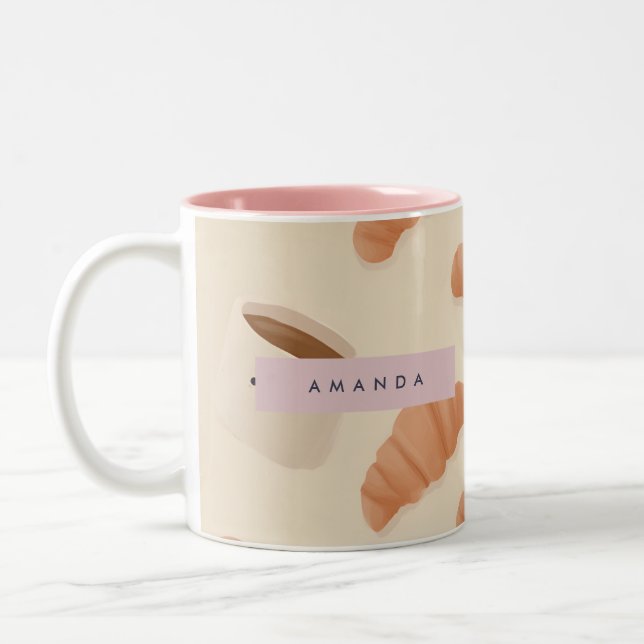 Personalized Cute Pastel Croissant Coffee Two-Tone Coffee Mug (Left)