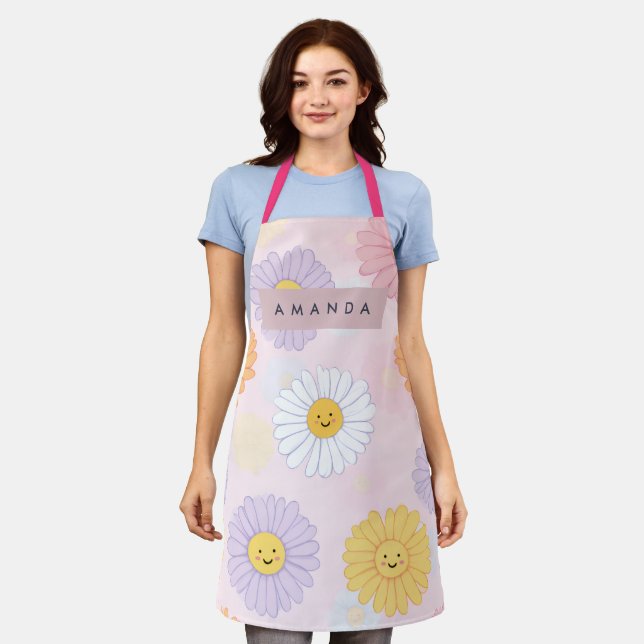 Personalized Cute Pastel Daisy Flower Apron (Worn)