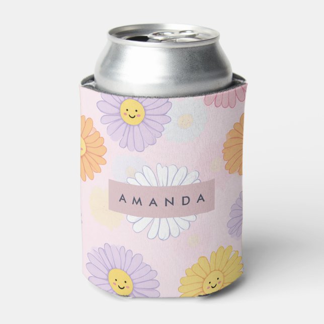Personalized Cute Pastel Daisy Flower Can Cooler (Can Front)