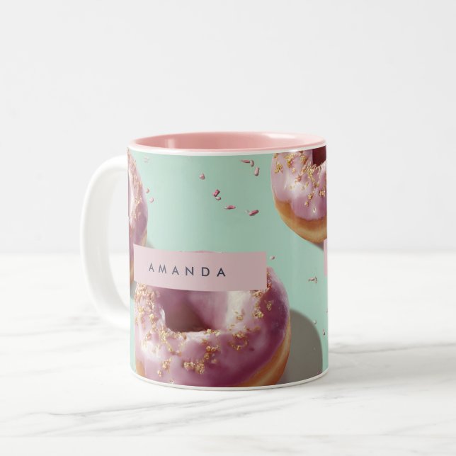 Personalized Cute Pastel Donuts & Sprinkles  Two-Tone Coffee Mug (Front Left)