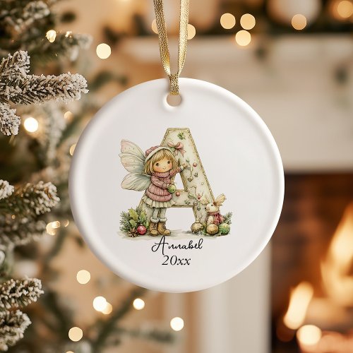 Personalized Cute Pastel Fairy Christmas Initial  Ceramic Ornament