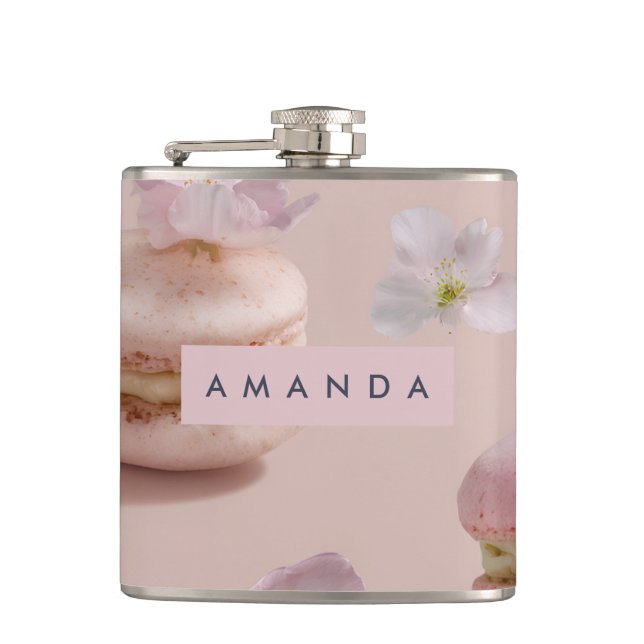 Personalized Cute Pastel Macaron Almond Flower Flask (Front)