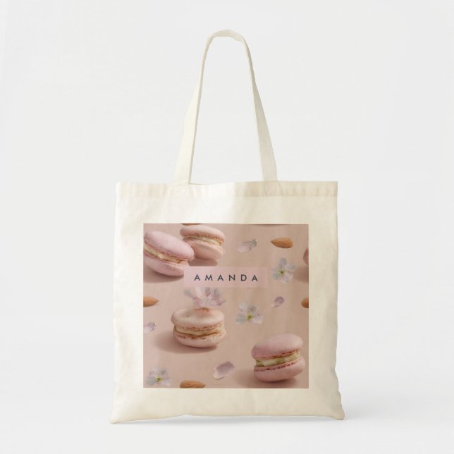 Personalized Cute Pastel Macaron Almond Flower Tote Bag (Front)