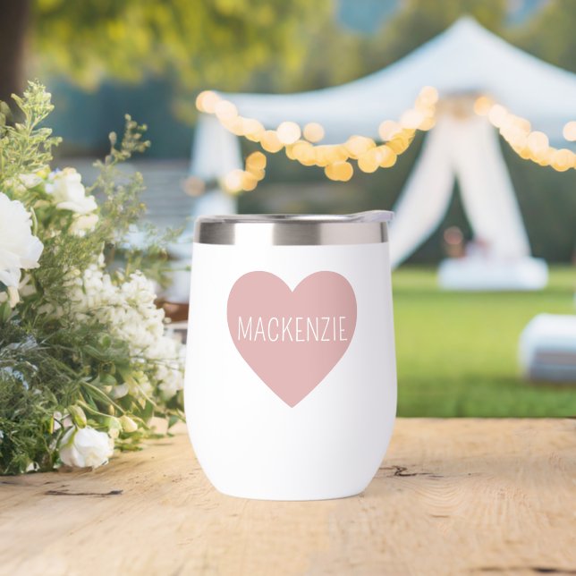 Personalized Cute Pastel Pink Heart Thermal Wine Tumbler (Wedding)